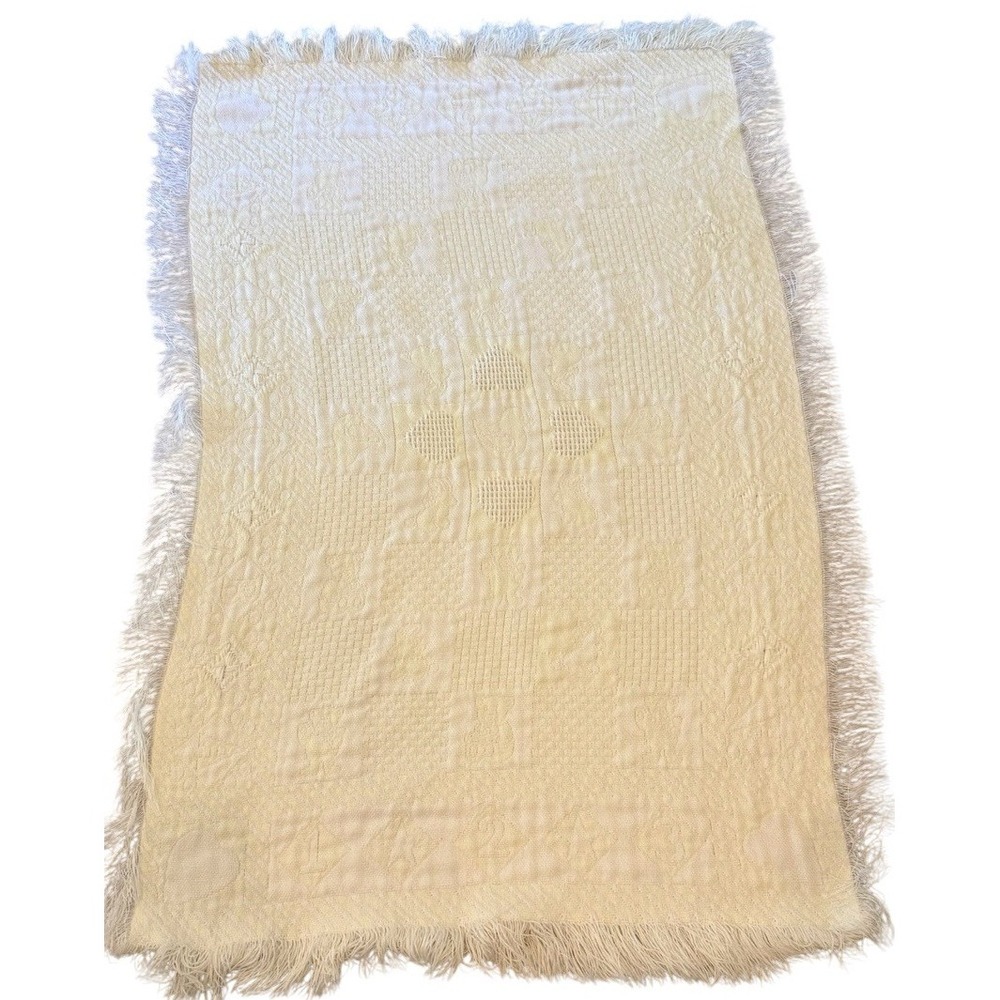 Vintage Baby Blanket 100% Acrylic Textured Fringed Ducks Bears Hearts Yellow